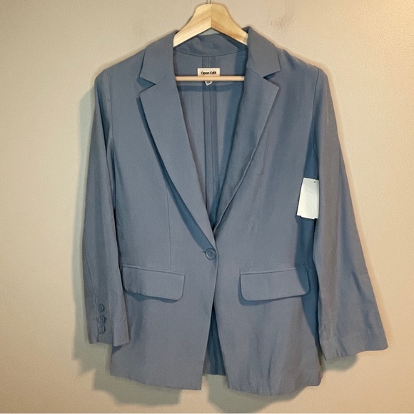 OPEN EDIT Unstructured Blazer in Blue Chambray Size XXS - Picture 2 of 7